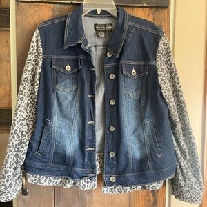 Express Blue Denim Jacket with Gray Leopard Sleeves